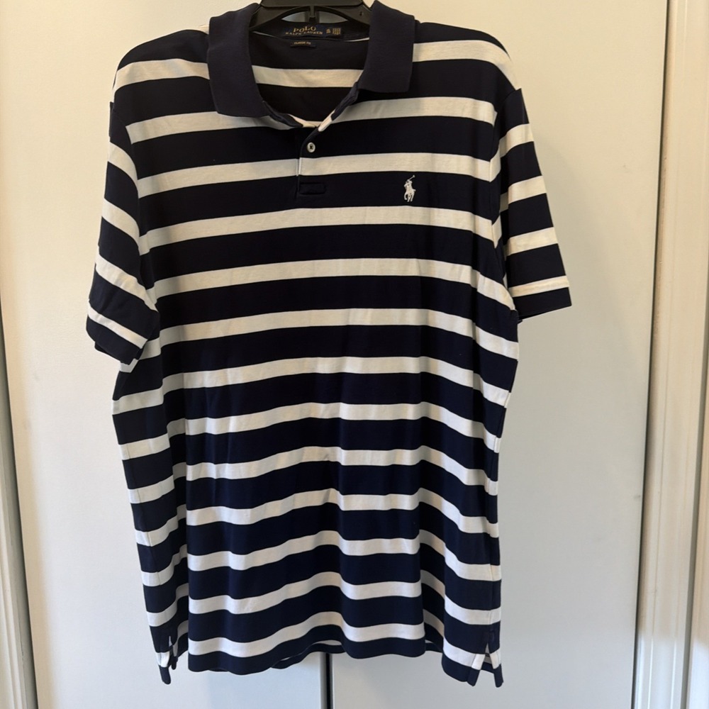 Polo Ralph Lauren Shirt Men's XL Navy/White Stripes Short Sleeves Polo